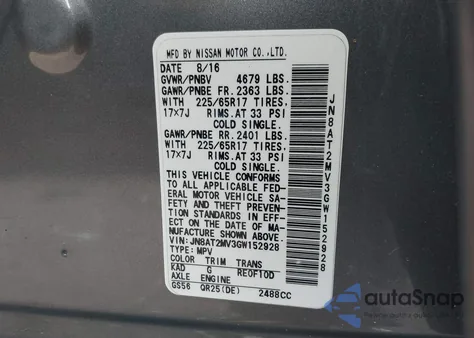 2016 Nissan Rogue Sv z USA, uszkodzony, nr VIN JN8AT2MV3GW152928